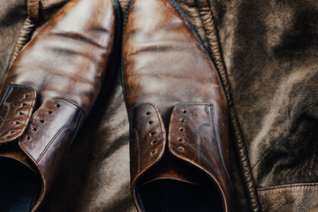 vintage leather brown men shoes, dangled retro.