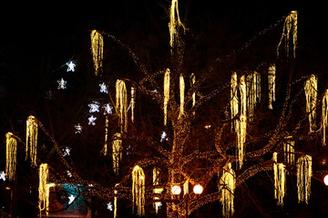 yellow lights of a garland on a tree decorated on the eve of Christmas
