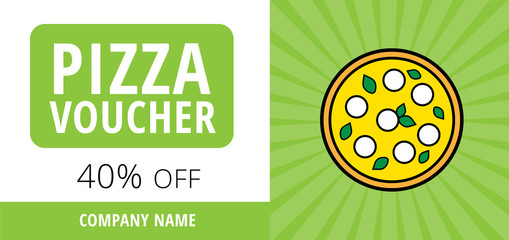 Promotional pizza voucher for pizzeria, restaurant, cafe. Vector 40% off discount coupon with pizza on the green background. Standard scaled size: 210*99 mm (8,3*3,4 in)