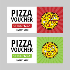 Pizza voucher templates. Set of vector free pizza coupons for restaurant, cafe, delivery. Tasty pizza on the bright green and red background with rays of light. Standard size: 210 * 99 mm (8,3*3,4 in)