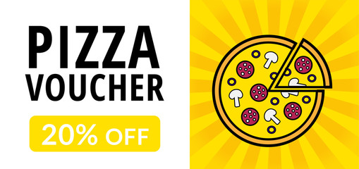Bright pizza voucher design. Vector 20% off discount coupon for pizzeria, restaurant, cafe. Tasty pizza on the yellow background with rays of light. Standard size: 210 * 99 mm (8,3*3,4 in)
