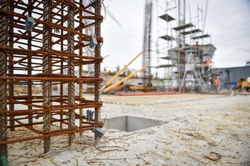Detail with reinforcing iron bars on a construction site