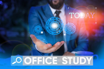 Word writing text Office Study. Business photo showcasing any location or venue where a demonstrating s is work is performed Male human wear formal work suit presenting presentation using smart device