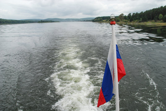 The motor ship goes along the Yenisei River from the city of Krasnoyarsk to the village of Dudinka, Russia