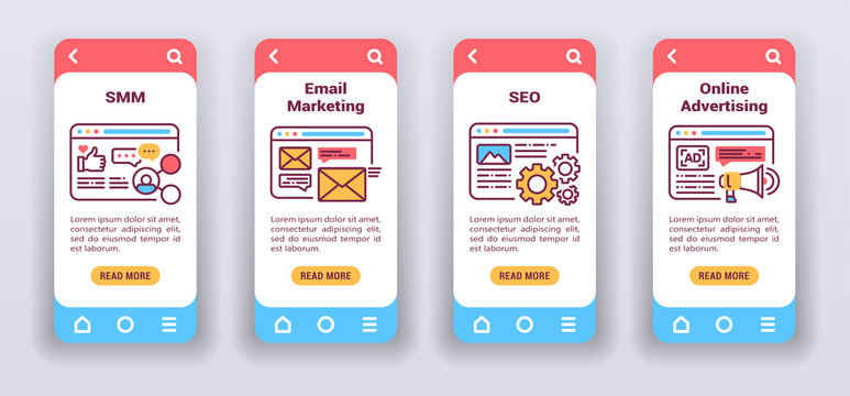 Marketing channels on mobile app onboarding screens. Flat icons, SMM, email marketing, SEO, online advertising. Banners for website and mobile kit development.