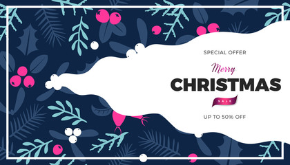 Christmas and New Year commercial banner background with wild forest leaves and berries retro style vector winter design