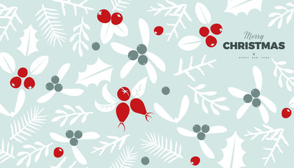 Christmas and New Year commercial banner background with wild forest leaves and berries retro style vector winter design