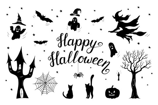 Set of black objects and lettering Happy Halloween isolated on white background; Hand drawn silhouettes of bat, cat, tree, castle, spider, ghosts, pumpkin and witch; Vector illustration for 31 October