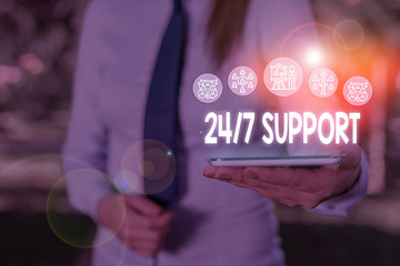 Conceptual hand writing showing 24 Or 7 Support. Concept meaning Giving assistance to service whole...