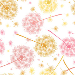Fototapety  Wzór latających mleczy w kolorach różowym i żółtym. Niekończąca się kwiatowa faktura delikatnych kwiatów. Ilustracja wektorowa mniszka lekarskiego.
