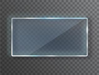 Transparent vector glass plate, Blank. Vector template, mock-up banner with copy-space. Realistic texture with highlights and glow on the transparent.