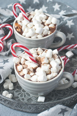 Christmas mugs  with hot chocolate and marshmallows. Holiday concept