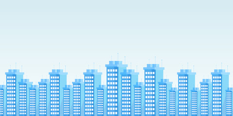 Modern urban skyline flat vector illustration. Contemporary city architecture, business district cityscape decorative backdrop with copyspace. High rise apartments, office buildings panorama