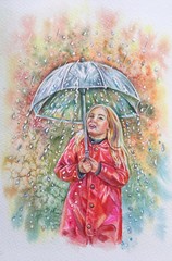 Illustration girl with umbrella. Girl in the rain. Girl walking in the rain. Kids play outdoors by rainy weather in fall.