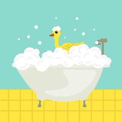 Bathtime with soap foam and yellow rubber duck. Bath with foam and toy duck, bubble water foam. Bathroom. Vector illustration.