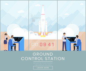 Ground control station web banner template. Rocket science, space exploration program website landing page UI layout. Spaceship launch, startup webpage, homepage vector concept with text space