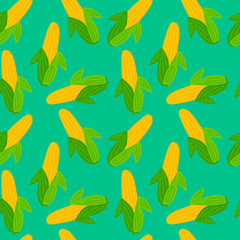 Vegetables seamless pattern. Corn with leaves background. Vector illustration.  