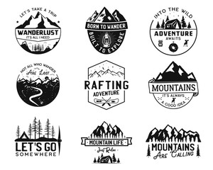 Vintage camp logos, mountain badges set. Hand drawn labels designs. Travel expedition, wanderlust and hiking. Outdoor emblems. Logotypes collection. Stock vector isolated on white