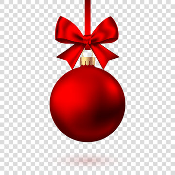 Realistic  red   Christmas  ball  with bow and ribbon.