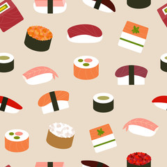 Vector seamless pattern of various traditional sushi.