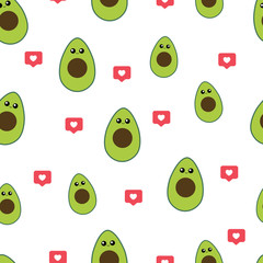 Vector seamless pattern of cute avocado halves and 'like' symbols.