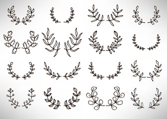 Black thin line wreath of hand drawn branches and leaves isolated on white background. Floral round frame. Laurel. Vector illustration. 