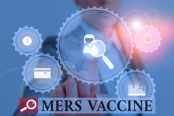 Handwriting text writing Mers Vaccine. Conceptual photo get dose to improve immunity to viral respiratory disease Woman wear formal work suit presenting presentation using smart device