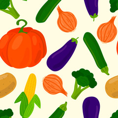 Vegetables seamless pattern. Pumpkin and onion, potato and corn, broccoli and zucchini, eggplant. Vector illustration.