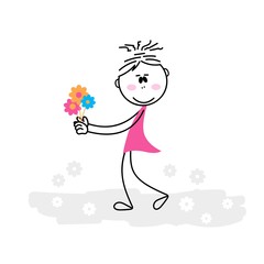 Cute Cartoon Girl with a bouquet of flowers.