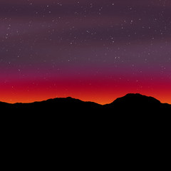 Stars in night sky at dusk. Horizon line, mountains, sun light just behind the horizon. Dramatic red orange and darker blue colored sky with the stars. Background illustration with copy space