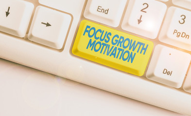 Handwriting text writing Focus Growth Motivation. Conceptual photo doing something with accuracy increase productivity White pc keyboard with empty note paper above white background key copy space