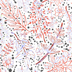 Vector seamless background with colorful watercolor illustration of herbs, plants and flowers. Can be used for wallpaper, pattern fills, web page, surface textures, textile print, wrapping paper