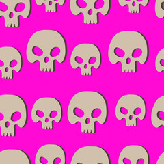 Seamless vector pattern. Cartoon skull on raspberry background. Halloween texture for textiles, wrapping paper, cover, background, wallpaper and web design.