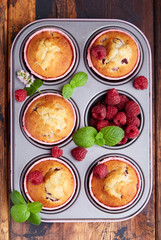 Muffins with raspberries. Delicious homemade sweet dessert. Coffee break