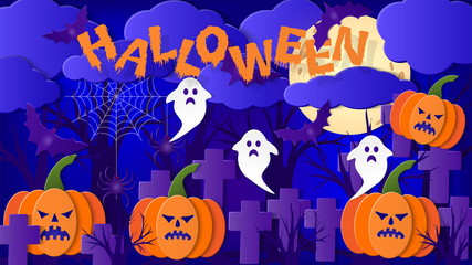 Halloween. 3d with paper cut shapes. Text for your design. Vector illustration.