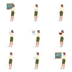Colorful set of the school teacher. Vector illustration in flat cartoon style