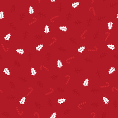 Christmas or New Year seamless pattern background with candies, and forest leaves retro style vector winter design