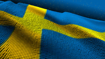 3D illustration Abstract Glowing Particle Wavy surface with Sweden flag texture 8K Background