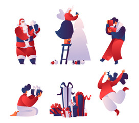 Christmas celebration flat vector illustrations set. Cartoon Santa Claus with gift box isolated on white background. Cheerful people decorating fir tree, giving and receiving presents characters pack