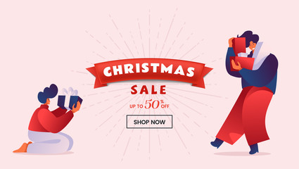 Christmas discount vector landing page template. People holding wrapped gift boxes. Winter holidays 50 percent price reduction, special price advert for online store homepage design layout