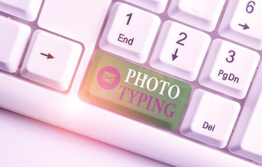 Word writing text Photo Typing. Business photo showcasing metal printing block use to reproduce a photograph in printing White pc keyboard with empty note paper above white background key copy space