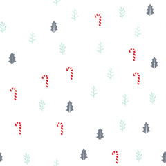 Christmas or New Year seamless pattern background with candies, and forest leaves retro style vector winter design