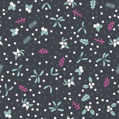 Winter Christmas seamless pattern background with wild forest berries and leaves retro style vector design