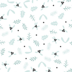 Winter Christmas seamless pattern background with wild forest berries and leaves retro style vector design