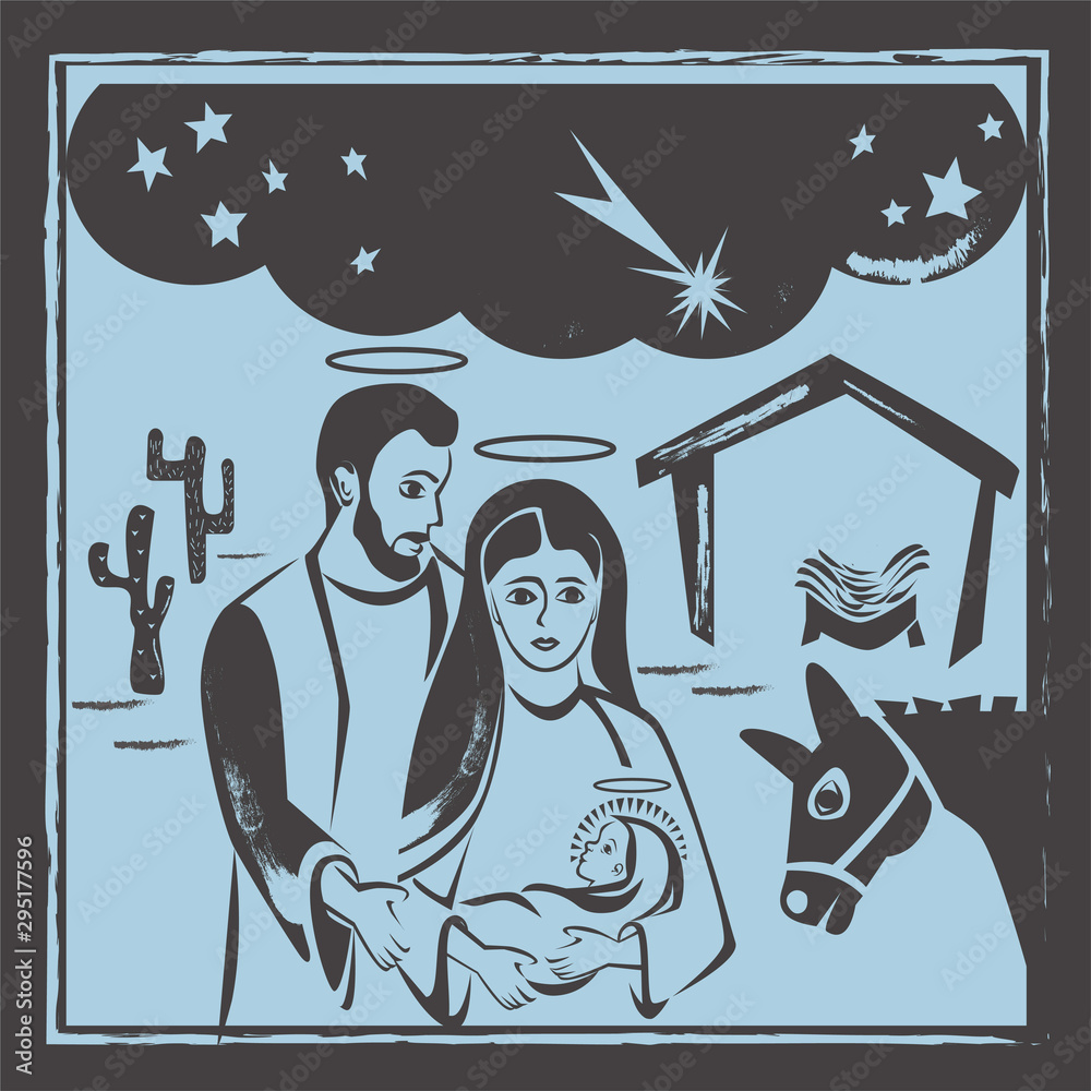 Wall mural nativity scene vector. christmas woodcut style illustration.