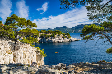 Colorful kayaks in the famous French fjords,Calanques national park, Calanque d'En Vau bay, Cassis