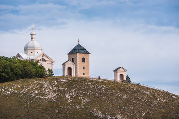 Fototapeta na wymiar Svaty Kopecek, Holly Hill with White Chapel (St. Sebastian Chapel) in Mikulov, Czech Republic