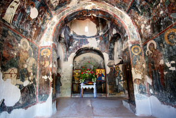 Crete / Greece - August 16 / 2019 : The view of the colorfull frescos at inside of pangia kera 