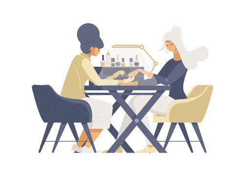 Express manicure service flat vector illustrations. Female manicurist, nail artist and beauty salon customer cartoon characters. Fingernail treatment procedure isolated on white background