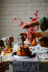 Whole Grain Pear cake with Caramel Glaze .selective focus.